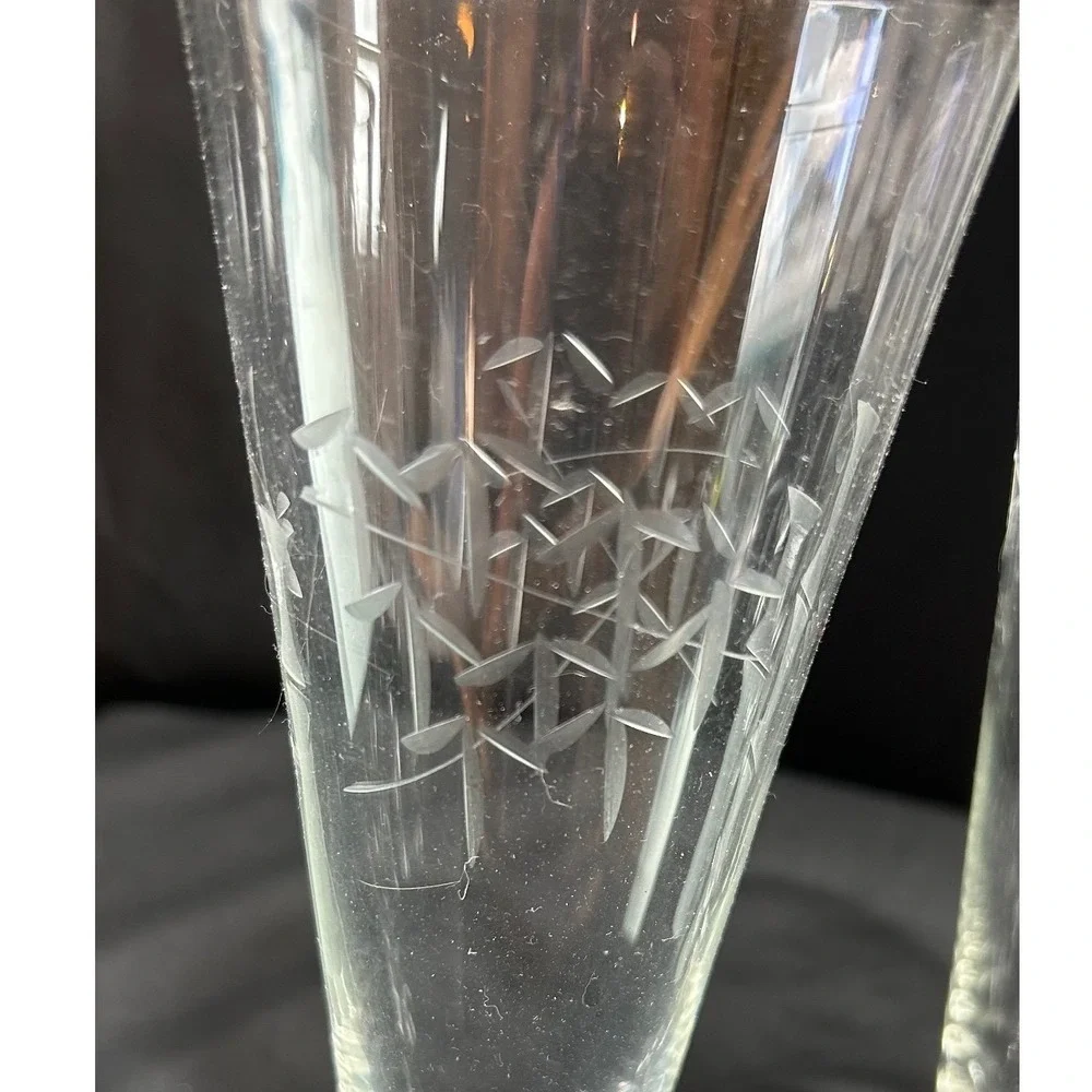 Set of 6 Vintage Bamboo Etched Footed‎ Glasses Champagne Flutes Tall Pilsner MCM